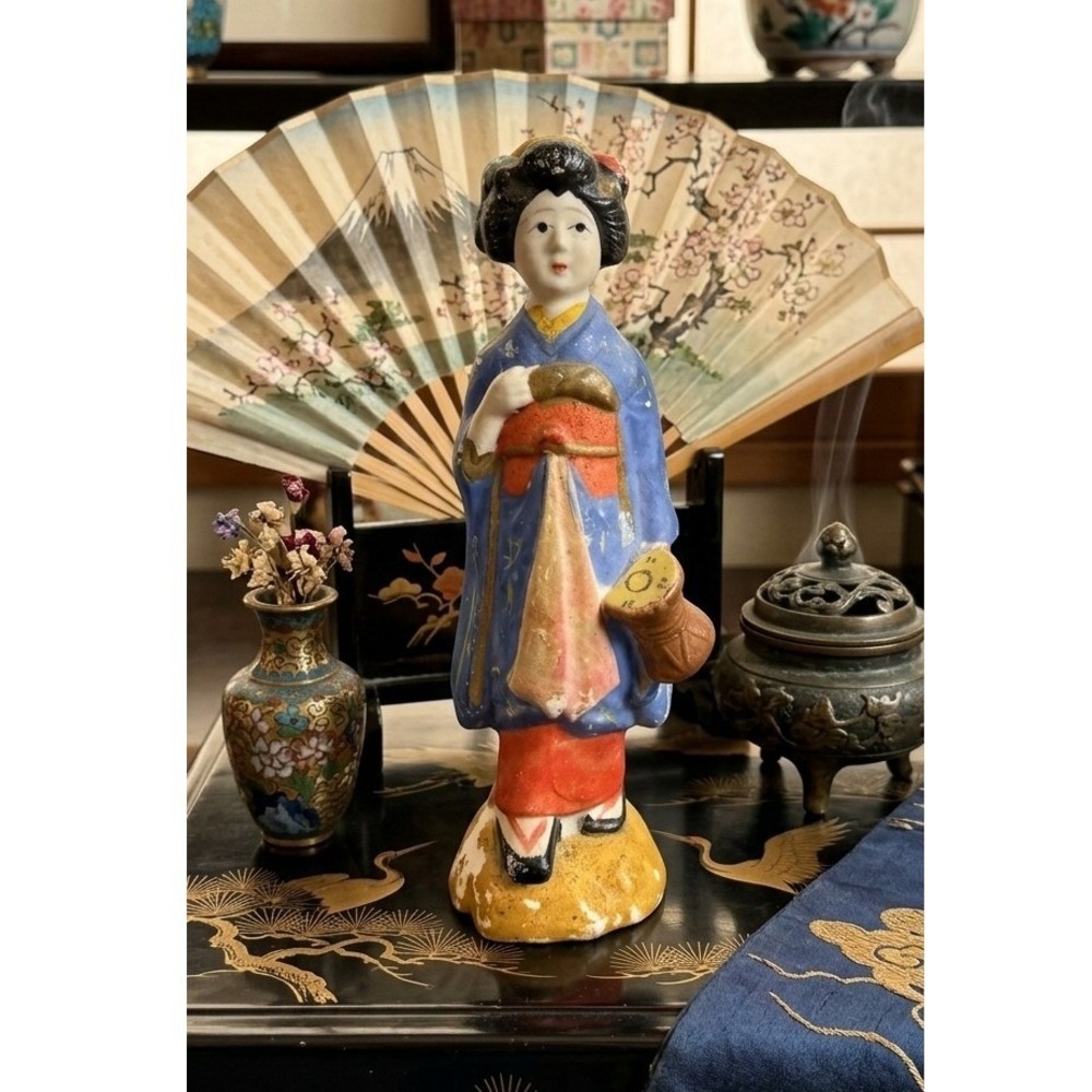 Vintage Japanese Geisha Figurine Hand Painted Bisque Porcelain Blue Kimono 6"